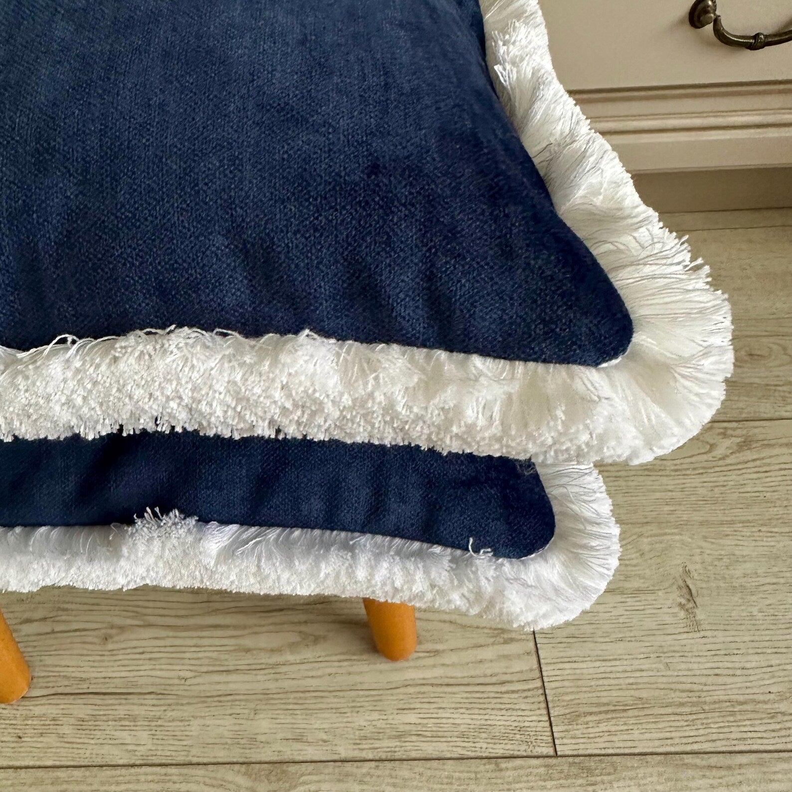 Navy Blue Velvet Pillow Cover: Boho Cotton Fringe Cushion