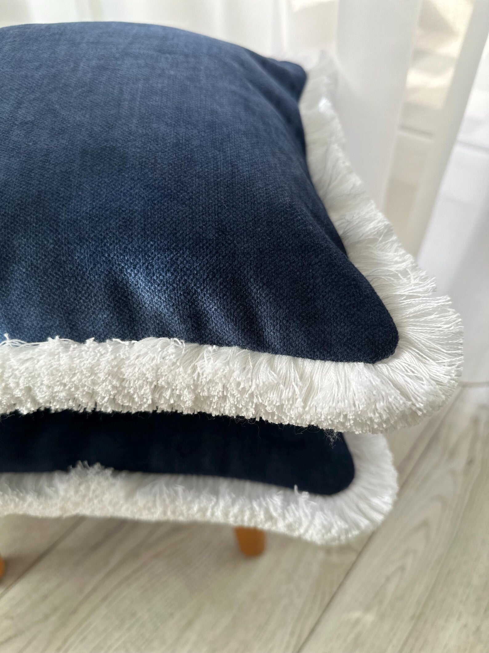 Navy Blue Velvet Pillow Cover: Boho Cotton Fringe Cushion