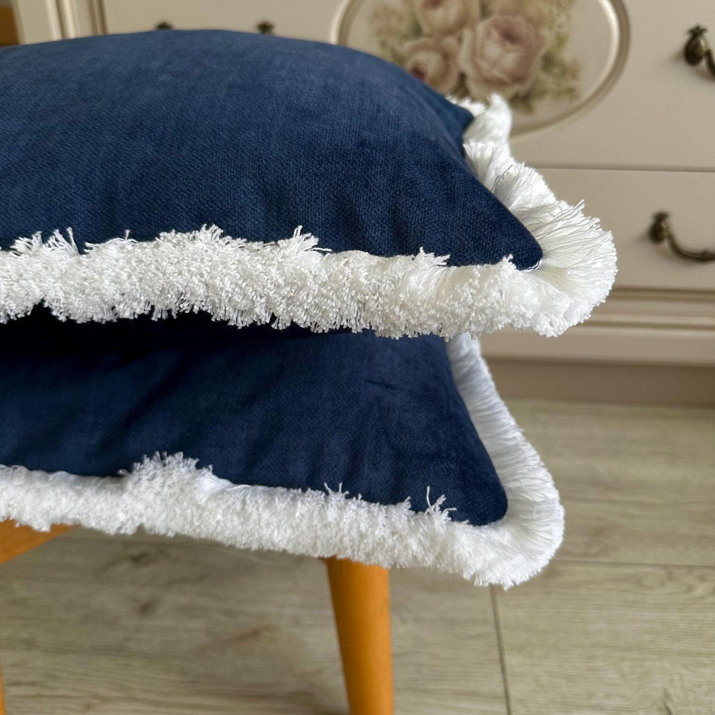 Navy Blue Velvet Pillow Cover: Boho Cotton Fringe Cushion