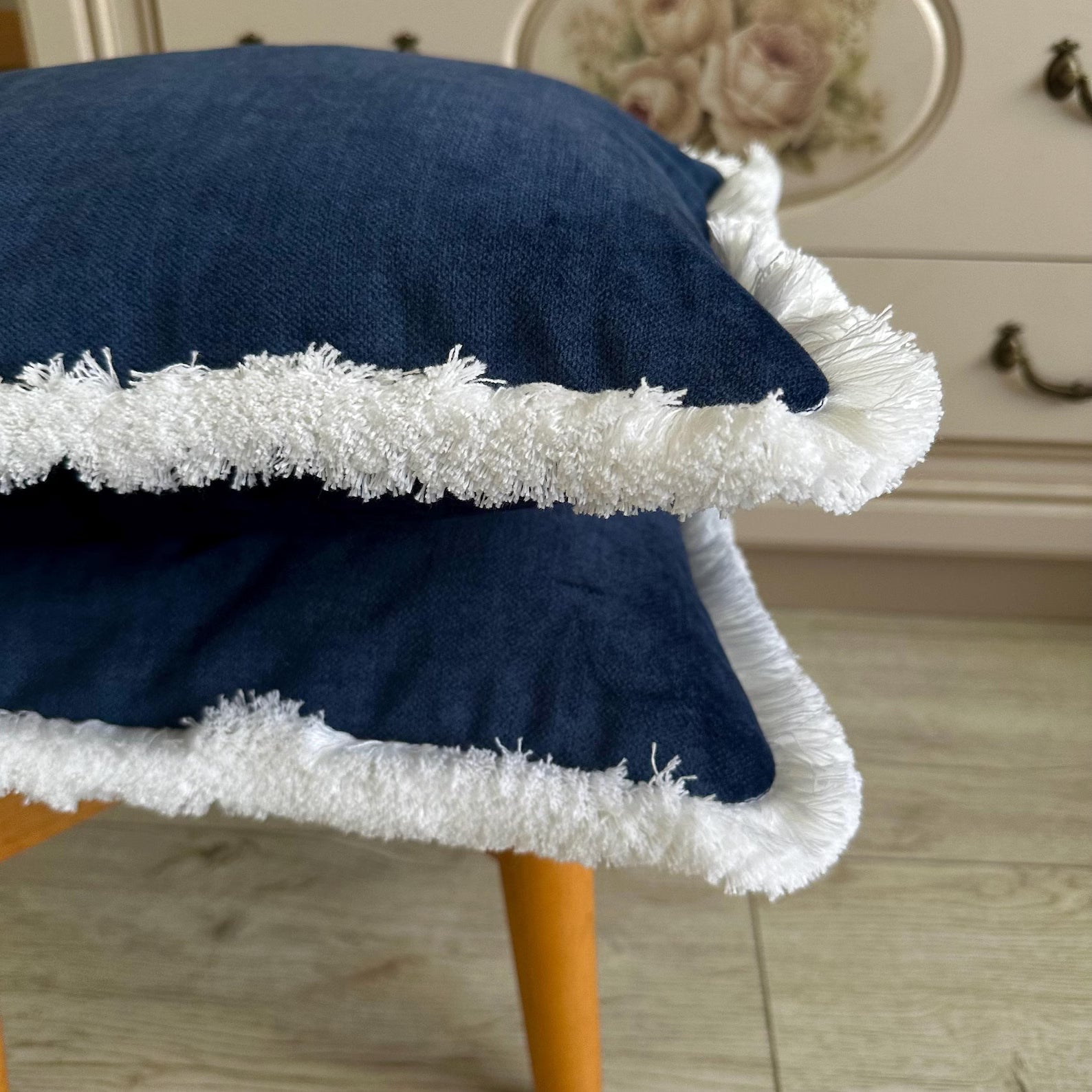 Navy Blue Velvet Pillow Cover: Boho Cotton Fringe Cushion