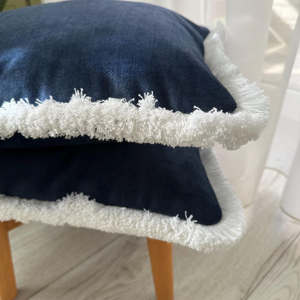 Navy Blue Velvet Pillow Cover: Boho Cotton Fringe Cushion
