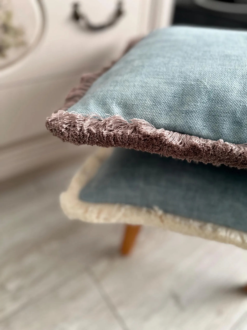 Dusty Turquoise Velvet Pillow Cover: Cotton Fringe Accent