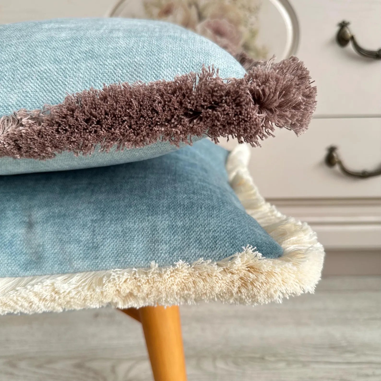 Dusty Turquoise Velvet Pillow Cover: Cotton Fringe Accent