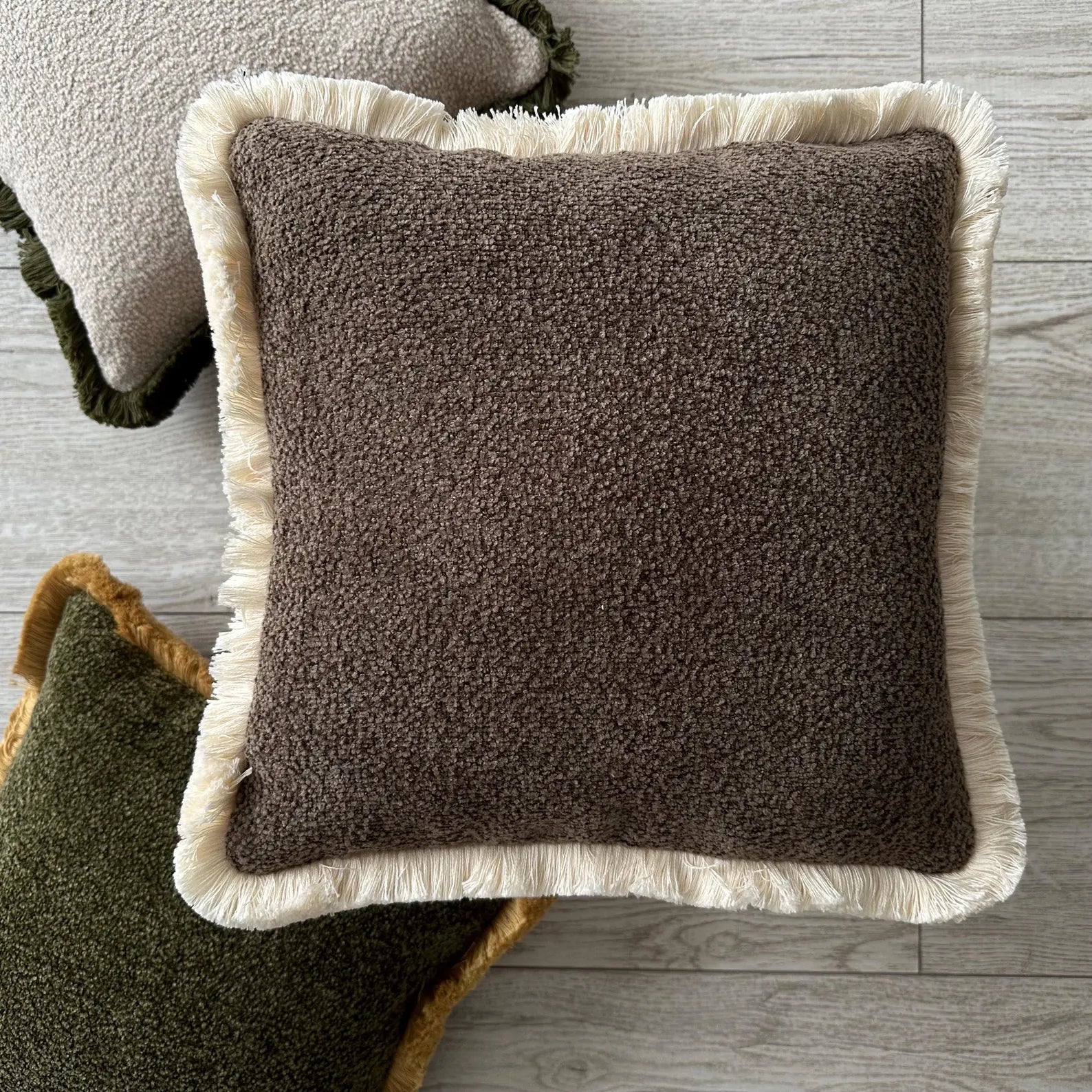 Brown Boucle Pillow Cover with Cotton Fringe